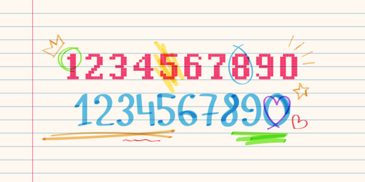 Hand drawn marker highlights, color numbers and underlines, vector school doodle or pixel font on lined paper background. Scribble elements for emphasizing, notes with felt pen strokes texture