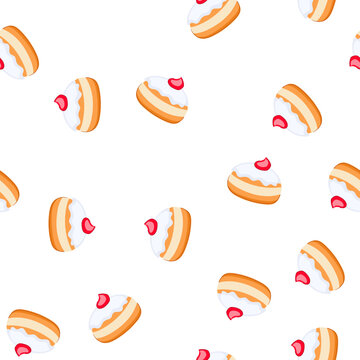 pattern jewish style sufganiyah with jam filling and white icing, festive hanukkah doughnut symbolizing traditional chanukah dessert pastry and sweet holiday celebration treat