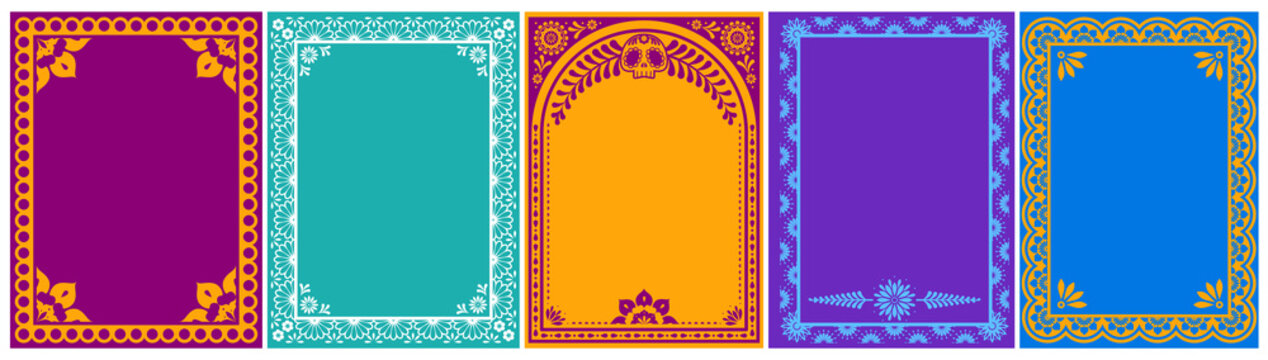 Mexican frames with vibrant floral pattern, latino folk motifs, vector posters, ethnic background. Colorful flower border design for Day of the Dead party cards, festive invites with skull ornament