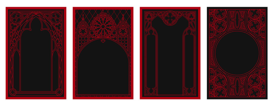 Gothic cathedral window frames with medieval ornament. Vintage circular pattern, ornate circle tracery design for fantasy cards, dark mystic poster. Vector red borders on black background, castle arch