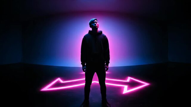 Man stands on neon arrow pointing both ways in studio. Pink neon arrow glows beneath man. Dark studio with neon light and man. Double arrow points sideways under man. Neon direction symbol with man.