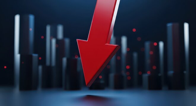 Red Downward Arrow Representing Economic Recession and Stock Market Crash on Dark Abstract Background