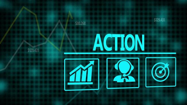 A Action business concept on a flashing computer monitor with moving graphs and data.