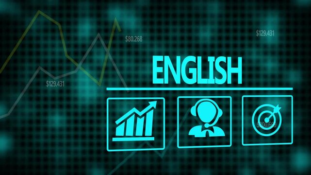A English business concept on a flashing computer monitor with moving graphs and data.