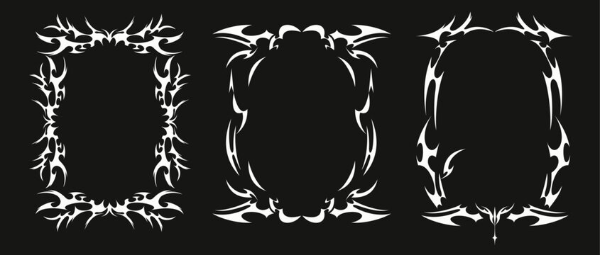 Tribal Y2K tattoo, gothic frames with abstract flame ornaments, sharp pattern, white vector set isolated on black background. Neo tribal rectangular, oval border designs with spiky, horn elements