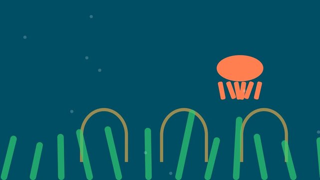 Animated Jellyfish Swimming Over Underwater Seaweed and Arches.