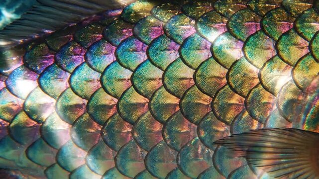 Iridescent Fish Scales Macro Texture Detailed Close-Up Showing Shimmering Colorful Aquatic Pattern