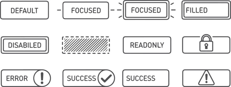 Set of outline icons representing different button states and input field styles for user interface design elements.