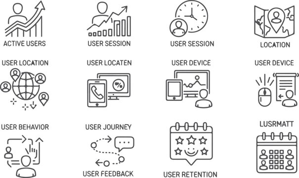 Collection of outline icons illustrating user behavior analytics and website user journey tracking for web data analysis.