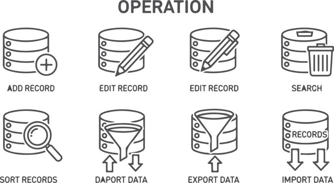 Database operation icons for adding editing searching sorting importing exporting data.