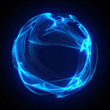Neon blue energy sphere made of particles and flowing waves, glowing magical abstract round shape, futuristic light effects, dark background.