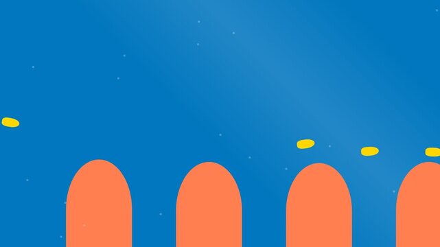 Animated Yellow Coins Moving Over Orange Arches Against Blue Background.