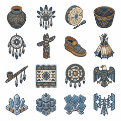 Collection of Native American cultural symbols and objects, including a dreamcatcher, totem pole, and teepee. © ahmad