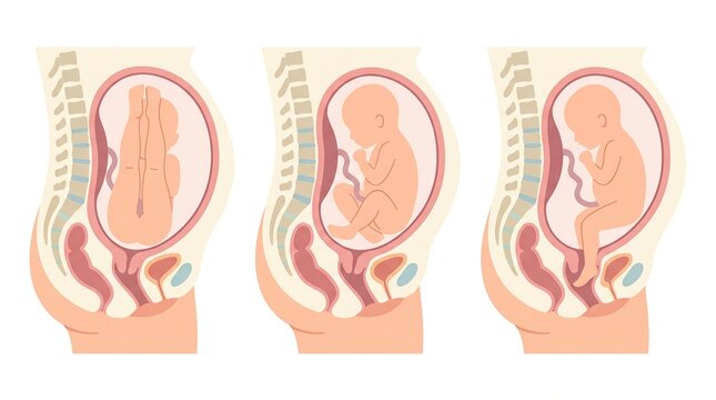 This illustration set presents details of childbirth anatomy, showing various positions and the stages of fetal development during labor.