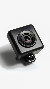 Modern black mini action camera or surveillance dashcam isolated on a white background, compact digital video lens mockup