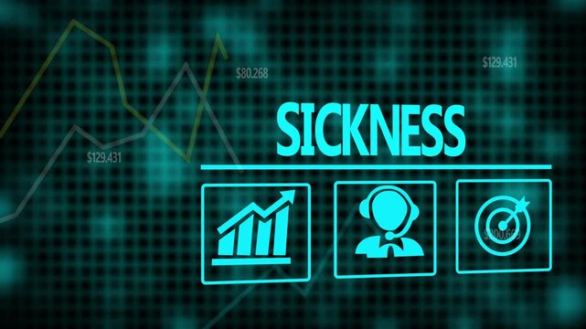 Sickness business concept on a flashing computer monitor with moving graphs and data.