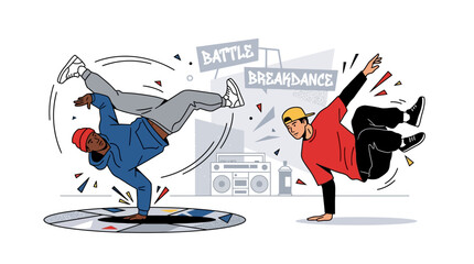 Dynamic Breakdance Battle Two B boys Showcase Athletic Moves and Urban Street Dance Style © Nomads Studio
