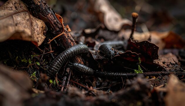 Millipede exploring damp decaying forest floor amongst branches and leaves
