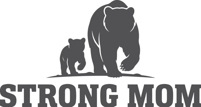 Graphic silhouette of mother bear walking with small cub on natural ground for strong mom inspirational.
