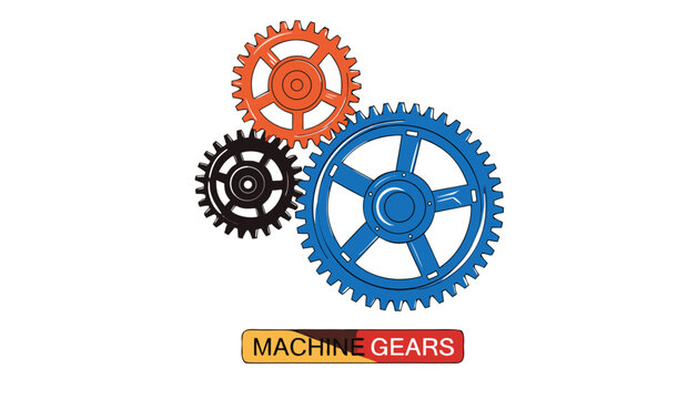 Very beautiful realistic vector illustration of THREE MACHINE GEARS with accurate mechanical structure, polished metallic texture, interlocking engineering design, industrial manufacturing style, isol