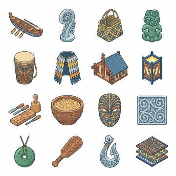 Collection of Maori cultural artifacts and symbols, including a waka, carving tools, and traditional clothing.