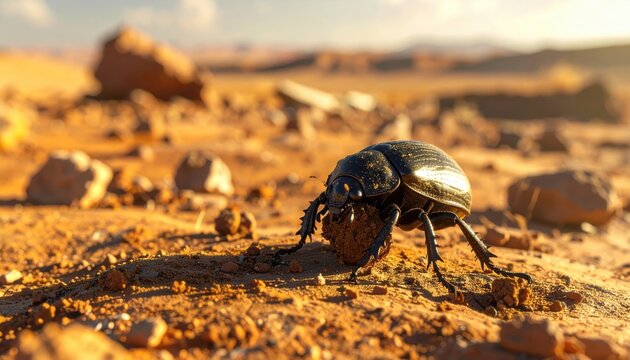 Scarab Beetle Rolling a Ball of Dung Across Sun-Baked Earth