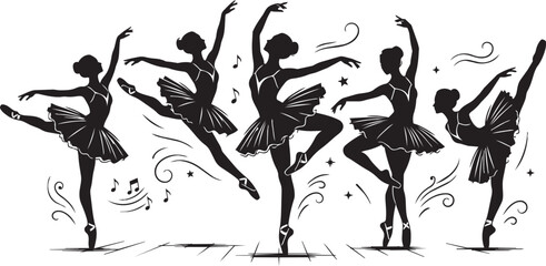 Ballet dancers in silhouette performing graceful poses during a performance with musical notes and stars © SDR