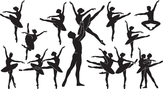Ballet dancers in dynamic poses against a white background conveying grace and movement for performance concepts