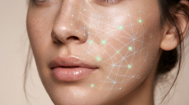 Digital dots mapping the contours of a beautiful face in cyberspace