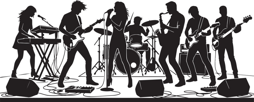 Band performing live music on stage with instruments and microphones during a concert event