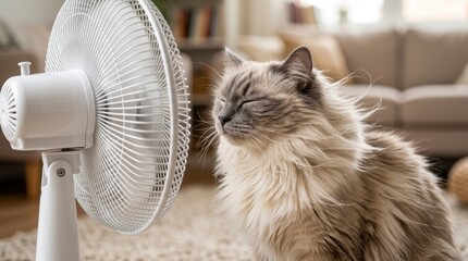 .Funny fluffy Ragdoll cat cooling down in front of a floor fan from summer heat.