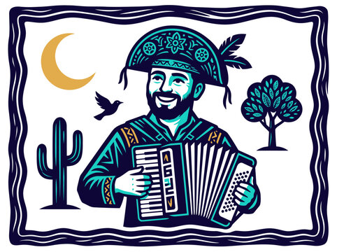 Brazilian Canga&ccedil;o Accordionist Illustration in Xilogravura Woodcut Style with Cactus and Moon