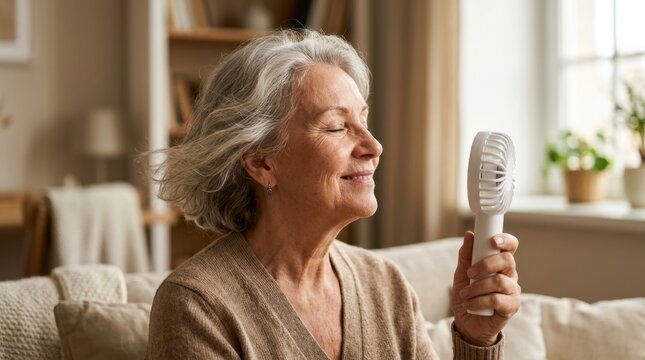 Happy senior woman relaxing on sofa and cooling herself with a portable handheld mini fan. Elderly female finding relief from summer heat or menopause hot flush at home