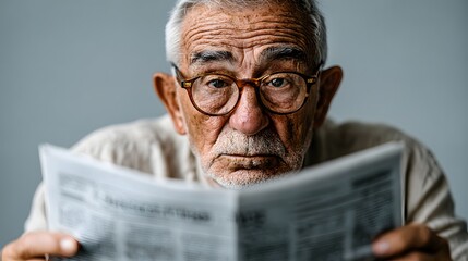 Naklejka premium Close-up of senior reading newspaper, thoughtful and attentive