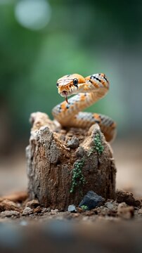 A small, orange snake curls on a tree stump in nature, looking alert