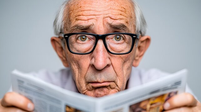 Close-up portrait of an older man engrossed in reading a newspaper