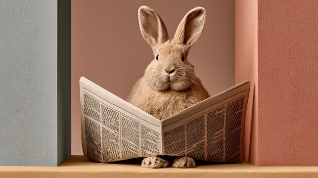 Adorable bunny holding newspaper