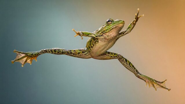 Green frog jumping in mid-air against a colorful background wildlife photography