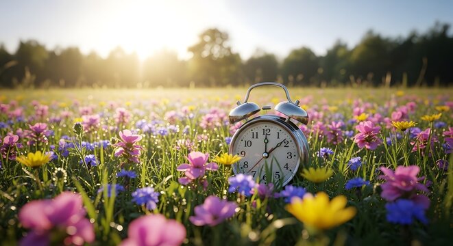 Vintage alarm clock in a colorful field of flowers at sunrise