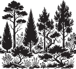 Diverse coniferous trees and undergrowth in silhouette against a white background symbolizing nature's growth and resilience © SDR