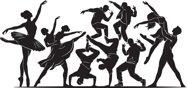 Diverse dancers performing various styles in dynamic silhouette against a clean background