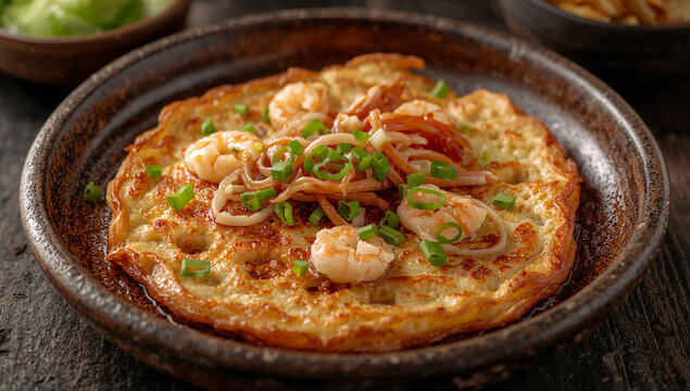 Delicious asian style shrimp omelet topped with fresh green onions in a dark ceramic bowl scallions culinary homemade restaurant delicious appetizer nutrition lunchtime dinnertime prepared