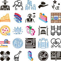 Obraz premium Icons illustrating various aspects of human life including farmer work, personal search, teamwork, environmental care, health issues, celebration, animal welfare, and digital information management