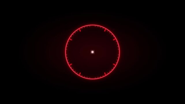 Minimalist neon red analog clock face animation on animation black background