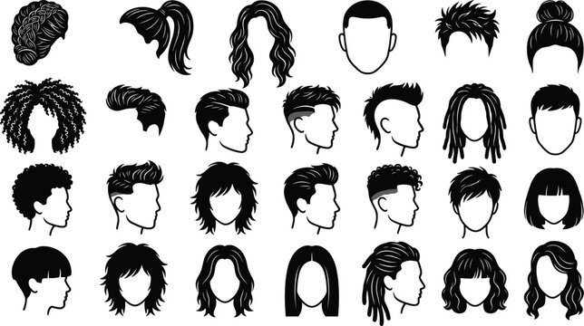 Men and Women Hairstyle Silhouette Icon Set with Curly, Straight, Fade, Mohawk, Dreadlocks, Ponytail, and Bob Cut Wigs for Barber Shop and Hair Salon Branding