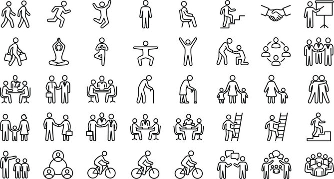 People stick figure and human life line vector icon set featuring isolated activities teamwork family business and daily lifestyle pictograms