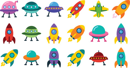 Cute cartoon rocket and UFO spaceship vector collection set with colorful flying saucers and alien spacecraft isolated on white background for kids galaxy space design © SM
