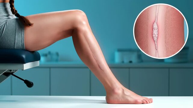 Woman sits showing leg scar after surgery healing. Medical illustration displays scar tissue formation. Leg shows healing process post surgery. Scar recovery on woman leg with medical diagram.
