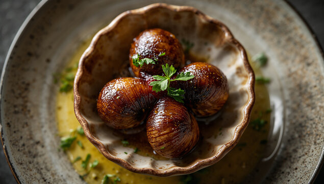 Glazed savory meatballs in ceramic bowl with herb garnish meatballs appetizer delicious culinary appetizing restaurant homemade prepared gastronomy nutrition seasoned glistening