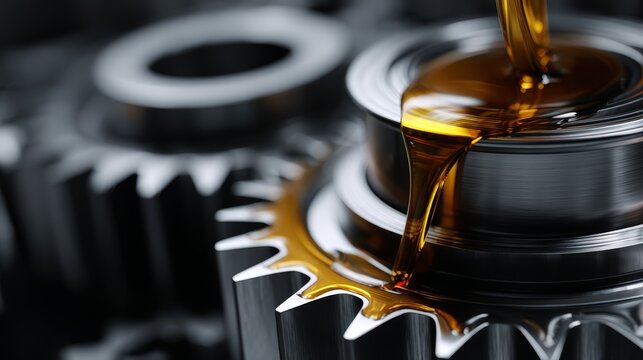 Conceptual 3D graphic of engine maintenance, motor oil glistening on metallic gears, focused close-up composition